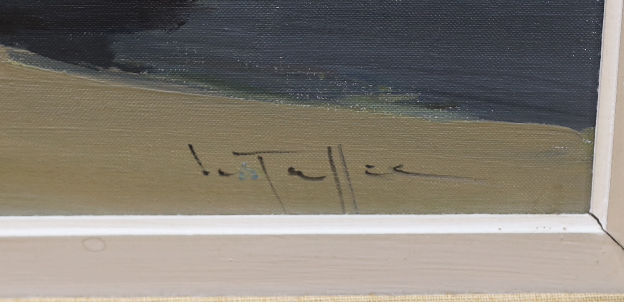 Impressionist on oil on canvas, possibly Irish, Coastal scene with beached boats and cottages, indistinctly signed, 79 x 39cm